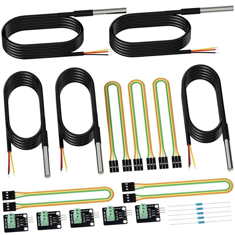 Premium-5Pack Waterproof DS18B20 Temperature Sensor Probes Female To Female Jumper Wires And 4.7K Ohm Resistors For Raspberry