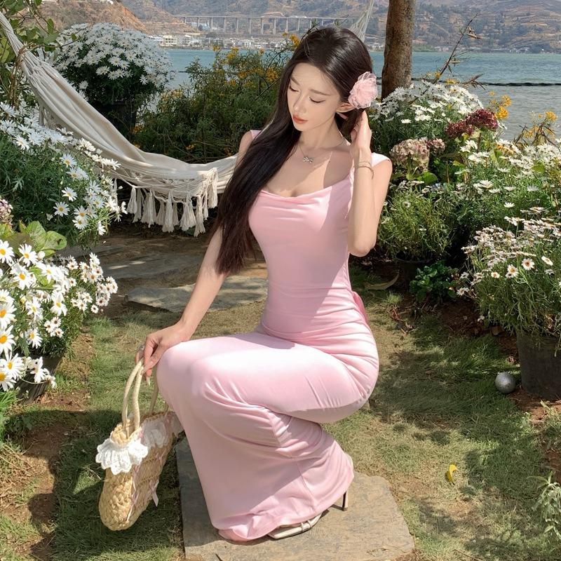 Pink bow sexy backless camisole dress goddess summer slim hip seaside vacation dress S розовый