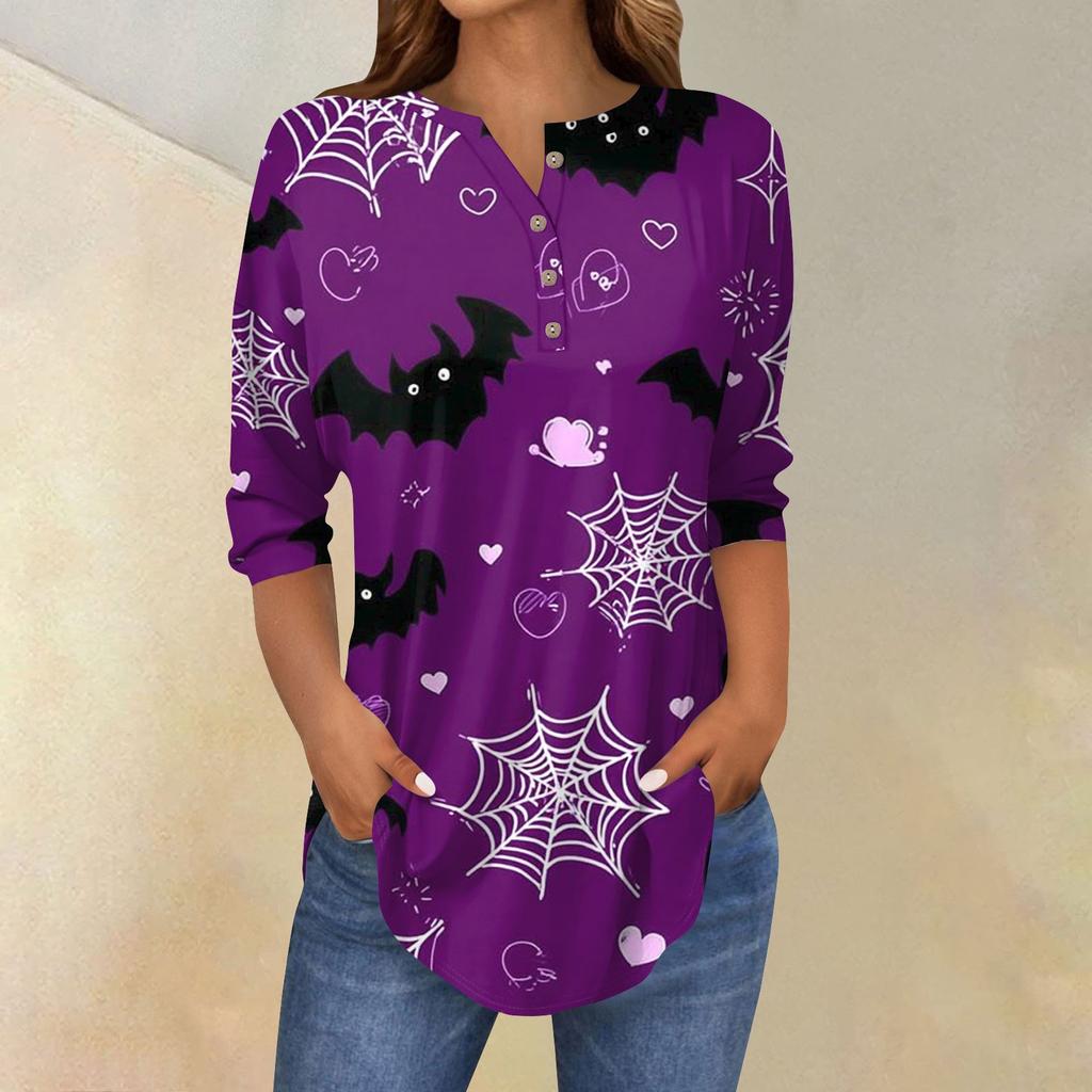 Women's Fashion Loose Button Collar Halloween Print Long Sleeve T-Shirt Top Pullover