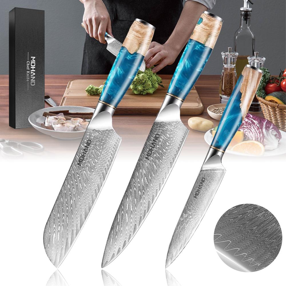 3-Piece Stainless Steel Kitchen Knives Set Japanese Professional Chef Knife with Blue Resin Handle Cooking Knife, Elegant Box