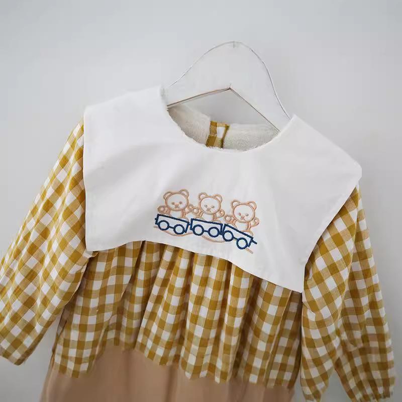 Girls' Winter Velvet-Enhanced Plaid Dress with Lapel - Warm College Style