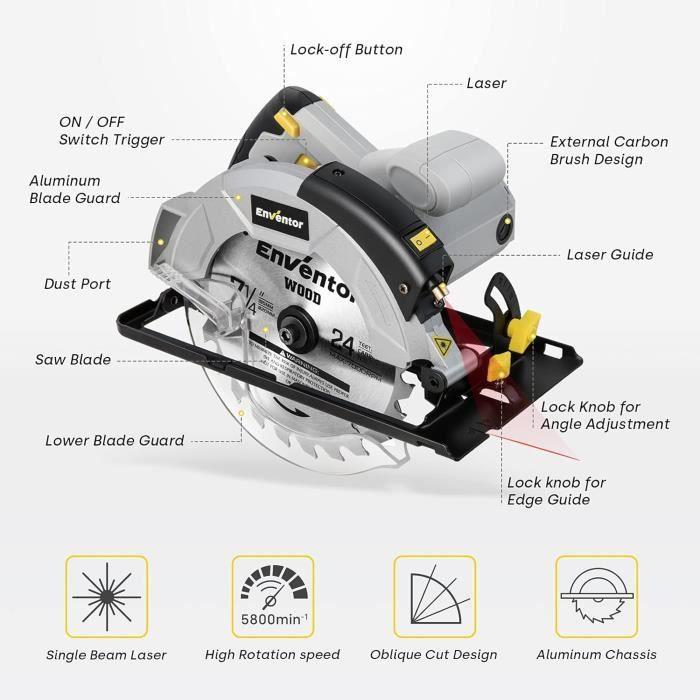Scie Circulaire - ENVENTOR - 1200W - Guidage Laser - 5800RPM - Profondeur De Coupe 62mm