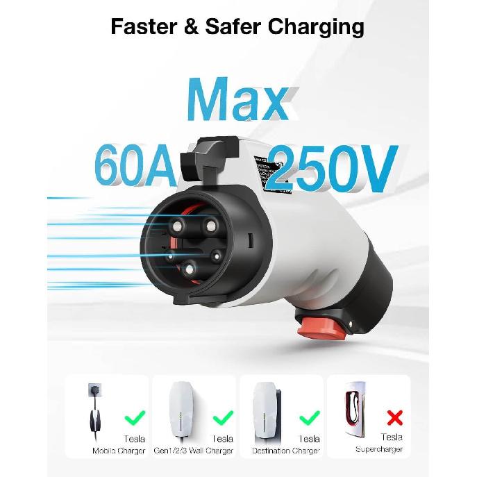 Wigoo Tesla to J1772 Charging Adapter [Fit for All J1772 EVs] Max 60A 250V, Adaptive Charging Power - Compatible with Tesla Gen 1 2 3