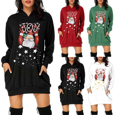 Damen-Sweatshirt mit weihnachtlichem Aufdruck, mittellang, mit Tasche und Kapuze, langärmlig