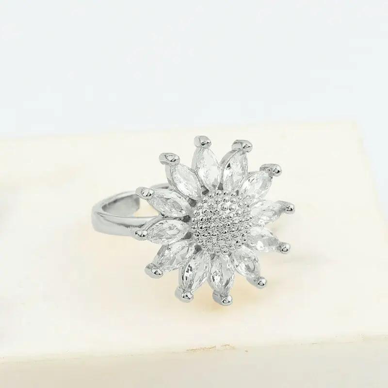 1pcs New Fashion Rotating Zircon Flower Opening Adjustable Ring Luxury Niche Decompression High-end Design Sense Accessories