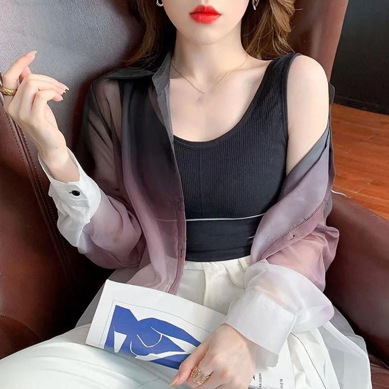 Modefarben Hemd Damen Sommer Tie Dye Kontrastfarbe Sonnenschutzhemden Koreanische Streetwear Bluse