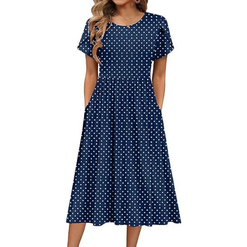 A Women's Round-neck Petal-sleeved, Short-sleeved Mid-length Printed Dress