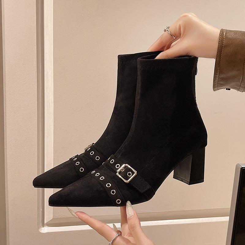 Fashion Studded Metal Buckle Booties Fall New Pointed Toe Suede Rear Zipper Block Heel Skinny Boots