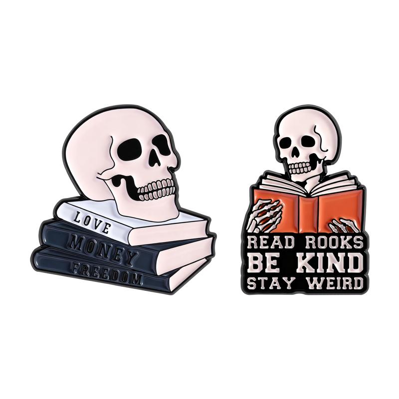 Bücher lesen Sei freundlich Bleib seltsam Emaille-Anstecknadeln Lustiges Lesen Skelett-Broschen Reversabzeichen Leser Schmuck Geschenk für Familie Freunde