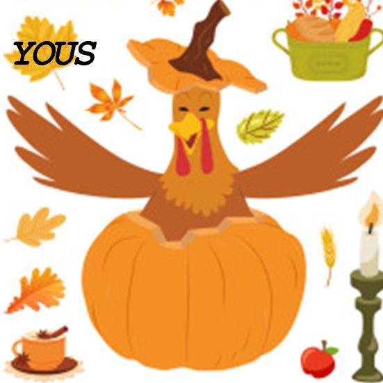 Fall Window Decoration Supplies 4 Sheets Thanksgiving Static Stickers, Decorative Vinyl Decals, Autumn Turkey Harvest Festival Art Maple Leaves