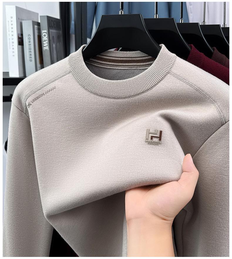Men's 2025 Pullover Hoodie: Thickened Velvet, Solid Color, Round Neck Knitwear for Middle-Aged and Elderly Men