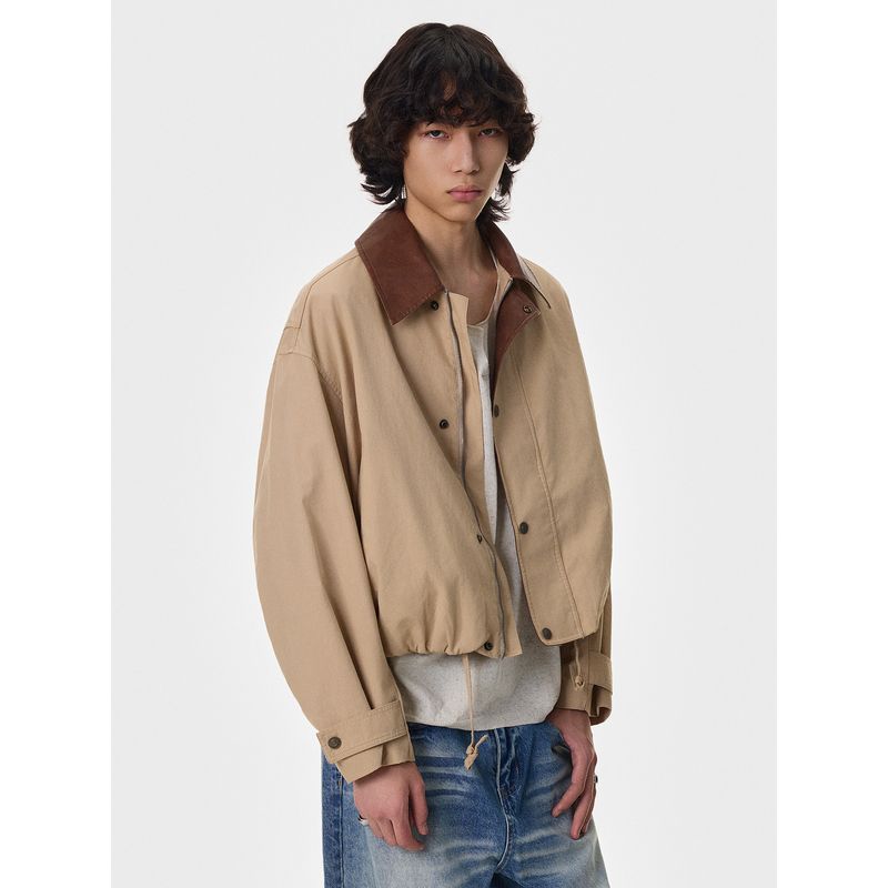 Blaexit Amber Flowing Barn-Style Patchwork Leather Lapel Short Jacket Unisex American Retro Workwear Coat