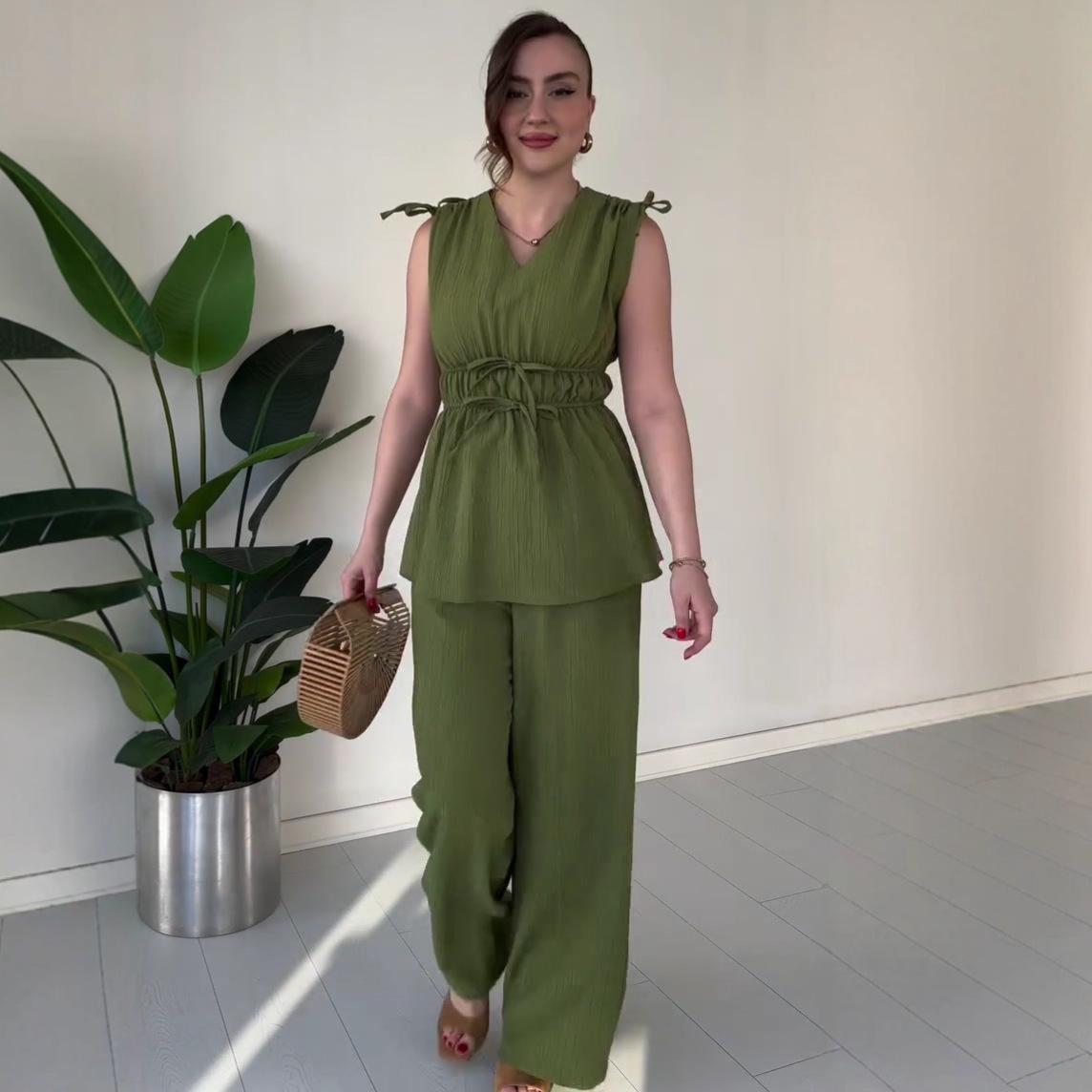 

2025 Summer Women s Sleeveless Top & High Waist Wide Leg Pants Two-Piece Set - Comfortable European & American Casual Commute Wear L армія зелений колір