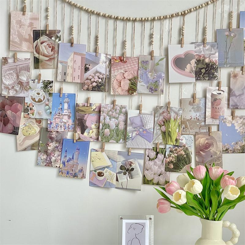 Home Decoration Photo Wall Wooden Beads Hemp Rope Clip Wall Hanging Living Room Background Decor Wall Photo Storage Display Clip