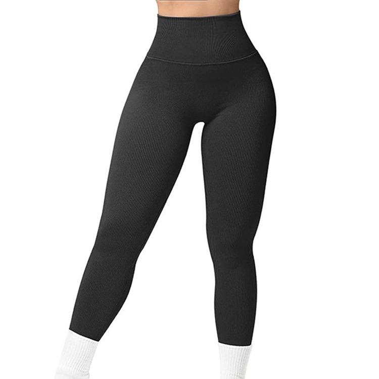 Women High Waisted Yoga Pants Ribbed Seamless Gym Leggings Solid Sport Fitness Running Training Tights Tummy Control Workout Female