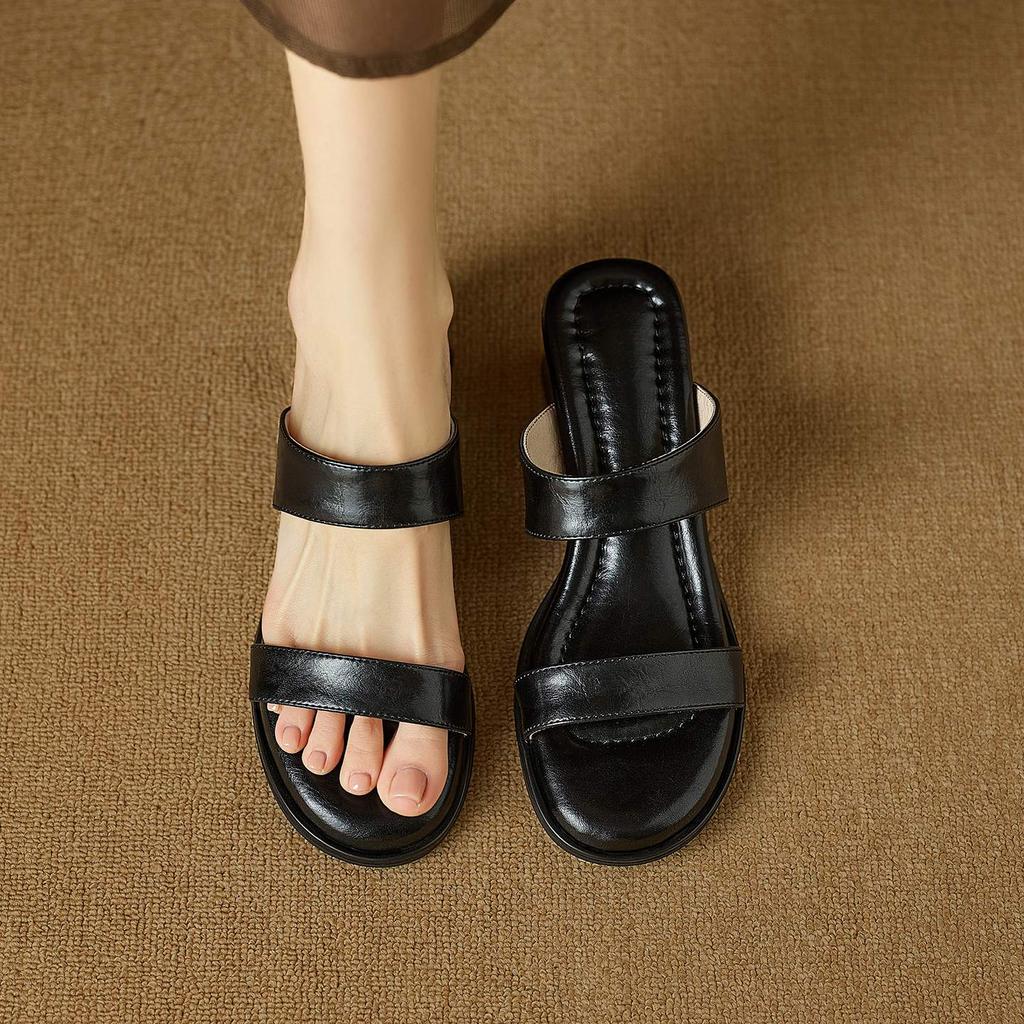 Krazing Pot Mules Cow Skin Thick Heels Peep Toe Street Wear Summer Size 42 Concise Style Elegant Women Sandals