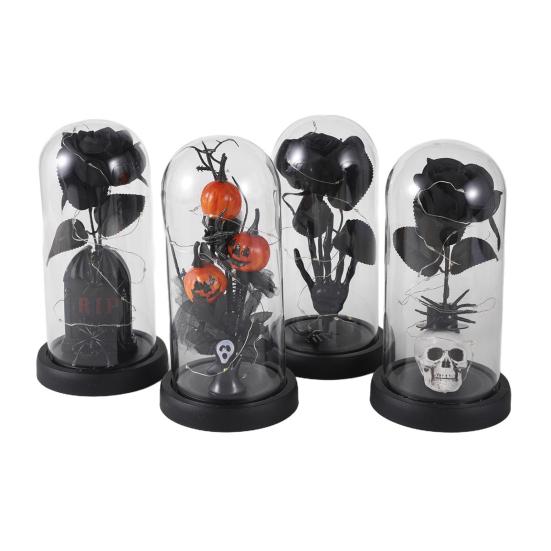 Preserved Black Roses in Glass Dome Halloween Light-up Eternal Flower in Cloche with Skull Pumpkin Statue for Home Kitchen Mantel Tabletop Decor