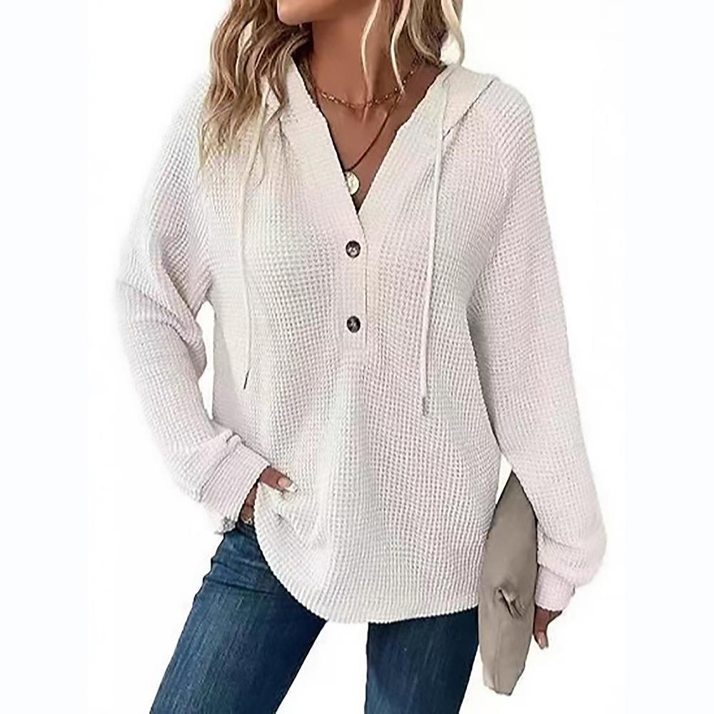 Autumn Women's Solid Color Long Sleeved V-neck Top Thin Hooded Button Sweatshirt Coat Women's Fashionable Versatile Hooded Sweatshirt
