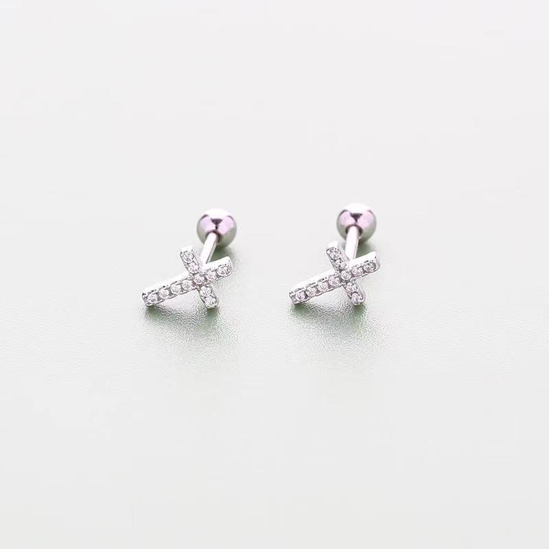 Diamond cross stud earrings female, screw buckle small silver earrings cold wind earbone nails
