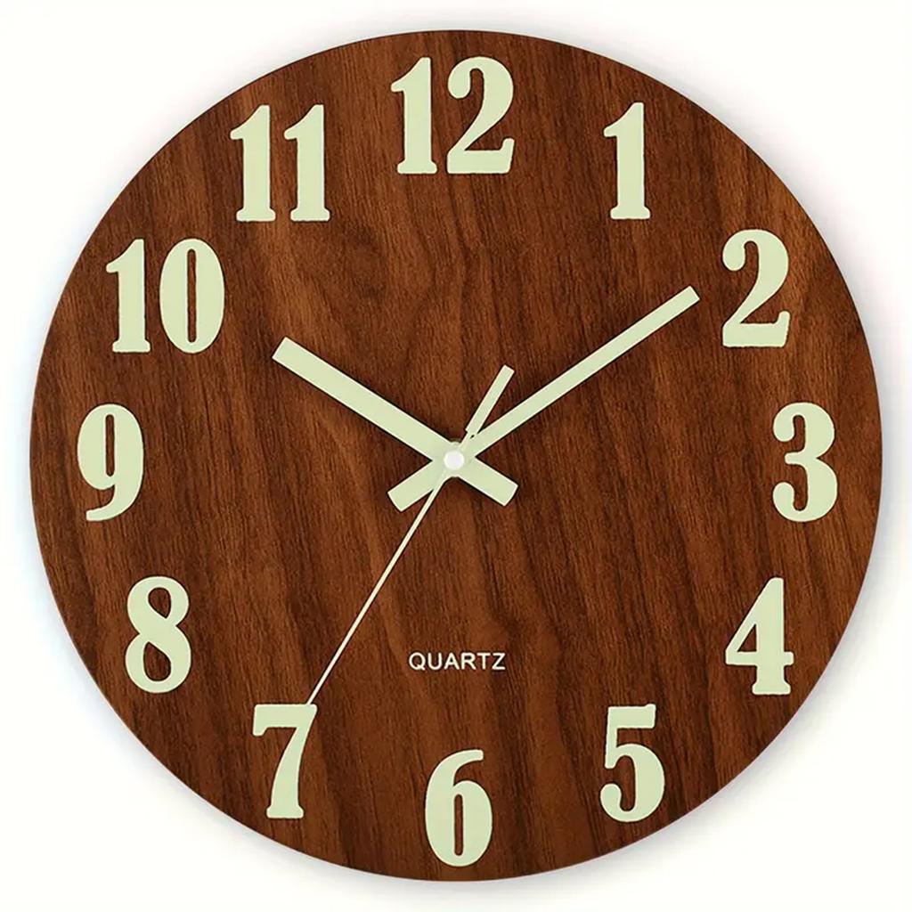 12 Inch Wooden Wall Clock Round Glow-in-The-Dark Silent Clocks Luminous Wall Clock for Living Room Bedroom Office Study Decors