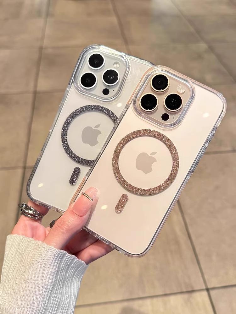 Luxusní třpytivý Magsafe bezdrátově nabíjecí kryt na telefon pro iPhone 12 13 14 15 16 Pro Max Plus Průhledný silikonový magnetický nárazník