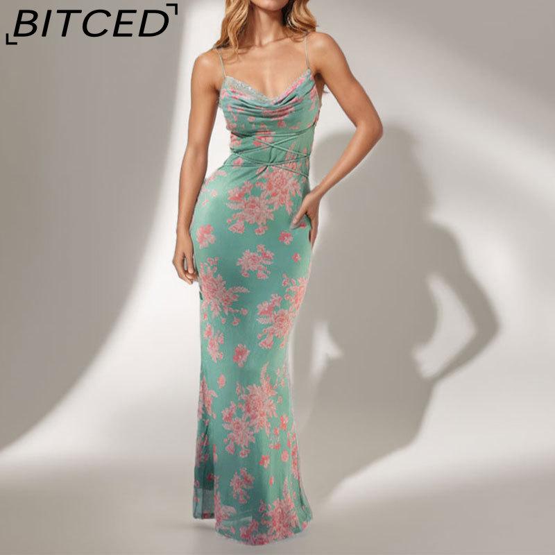 

BITCED Spring Women s Fashion: Sensual Printed Strappy Waist-cinching Bodycon Maxi Halter Neck Dress XXXL зелёный