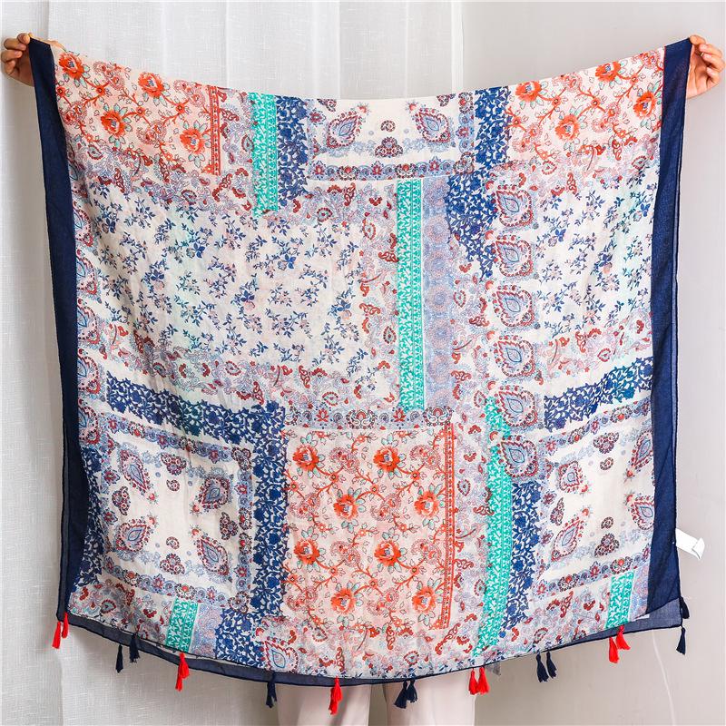 Women's Summer Retro Style Floral Silk Scarf with Colorful Tassels