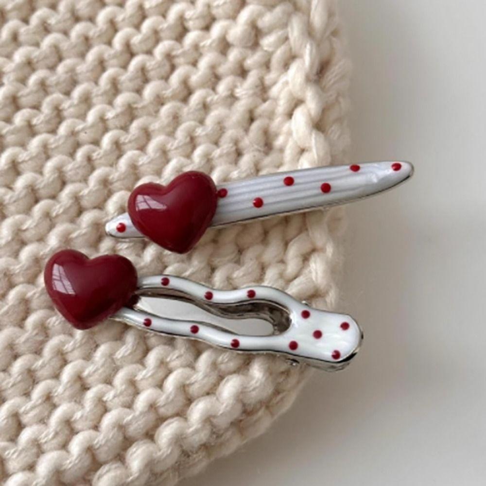 2 PCS Red Heart Bangs Duckbill Hair Clips Polka Dot and White Wave Point Hair Accessories  For Girls