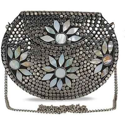 Schwarz, Silber Damen Clutch - Mittelgroß Braut Damen Antik Handgefertigt Messing Geldbörse Metall Partys Clutch