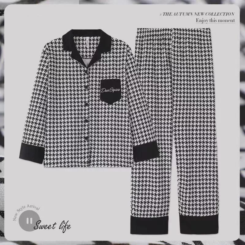 Hahnentritt Damen Langarm Pyjama Set, Frühling/Herbst, Lässiges Reversdesign