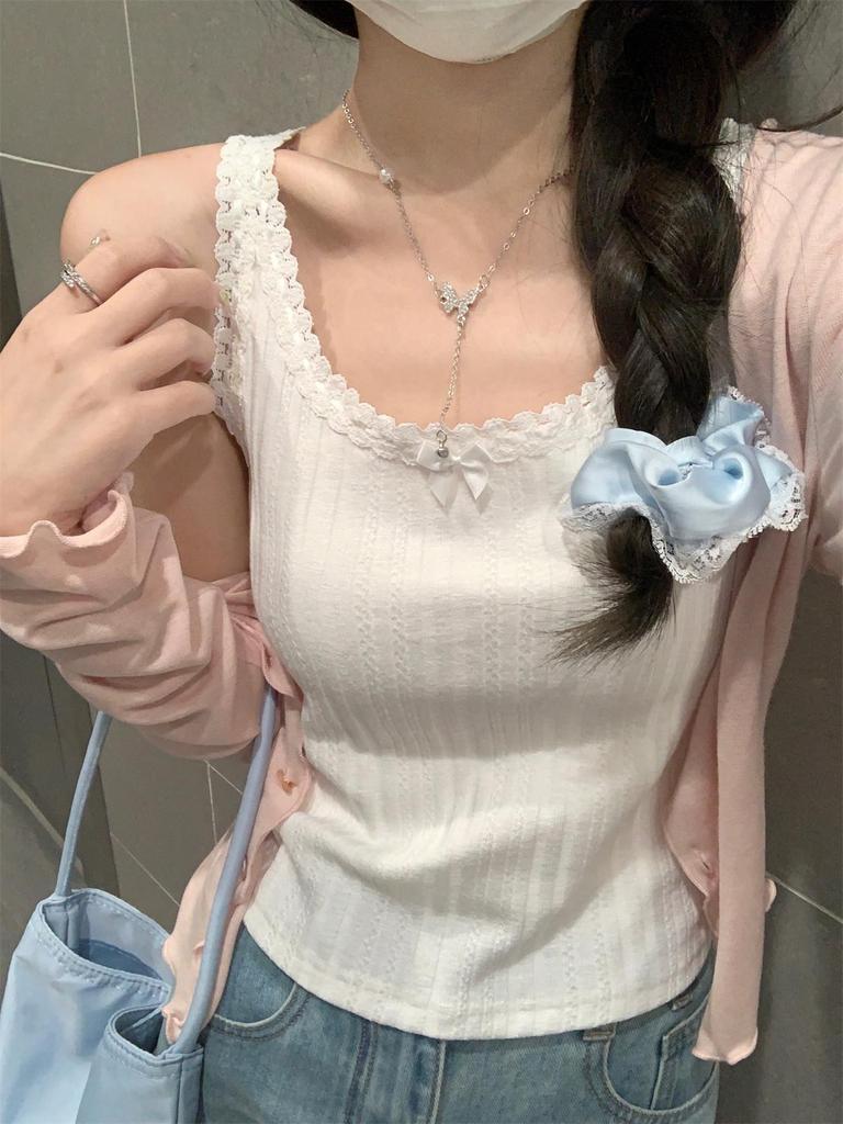 2026 Spring Korean Style Women's Lace Bow Spaghetti Strap Tank Top - Age-Reducing and Stylish