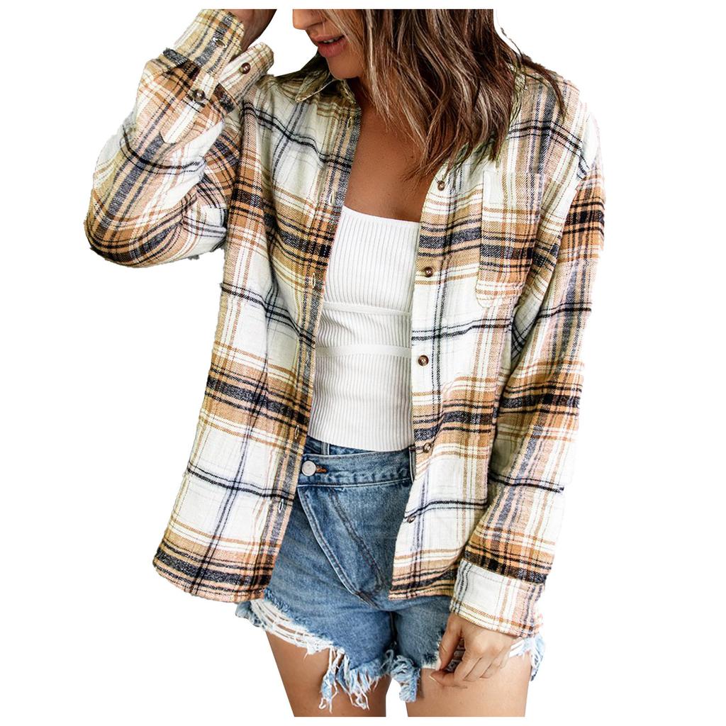 Buy Women Loose Top Plaid Color Block 