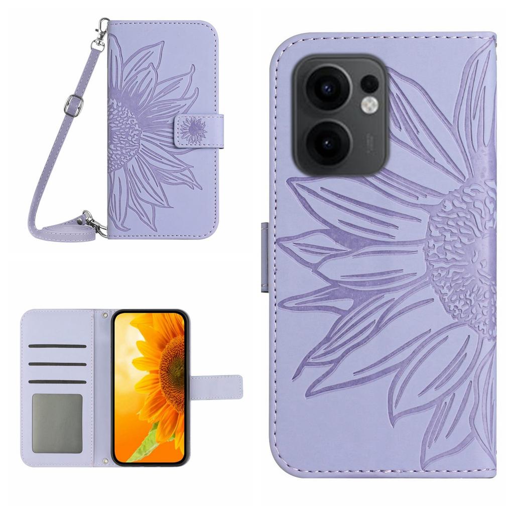 For Oppo Reno13 F 4G/5G Case Sunflower Imprint PU Leather Phone Cover with Long Strap