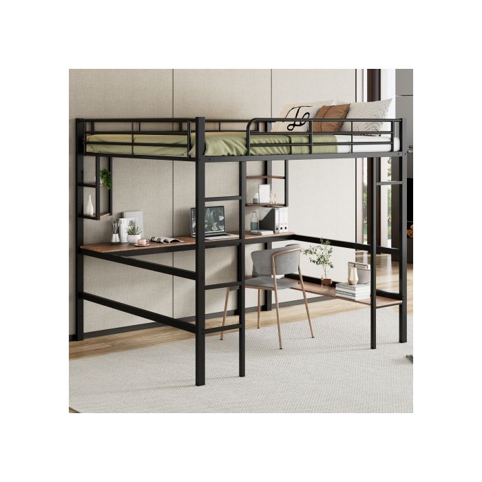 Hochbett, Metallbett mit Rahmen 140x200 cm, Eisenbett mit Schreibtisch, ohne Matratze, schwarz