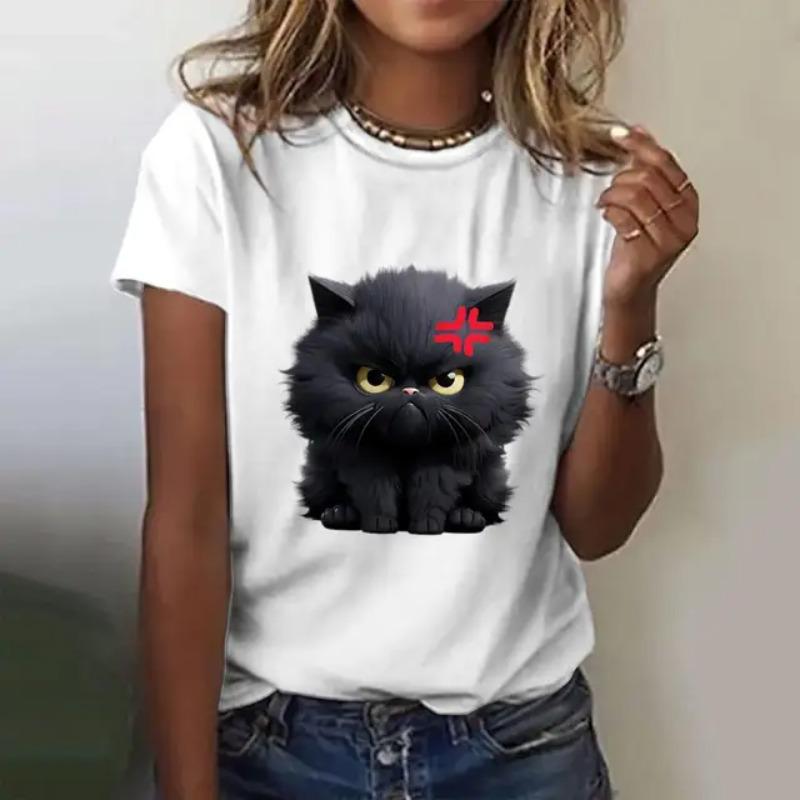 Women's summer short sleeved black cute cat printed T-shirt