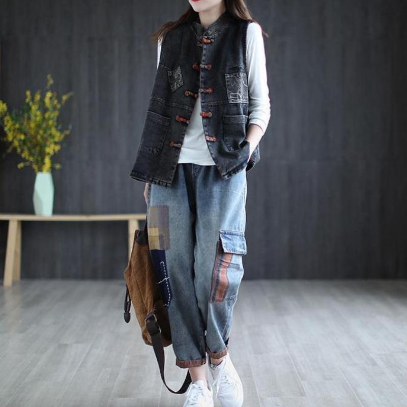 Denim Vest Women's Spring and Summer Literature and Art Retro Large Size Ethnic Style Plate Buckle Outer Wear Vest Outer Wear Casual Waistcoat