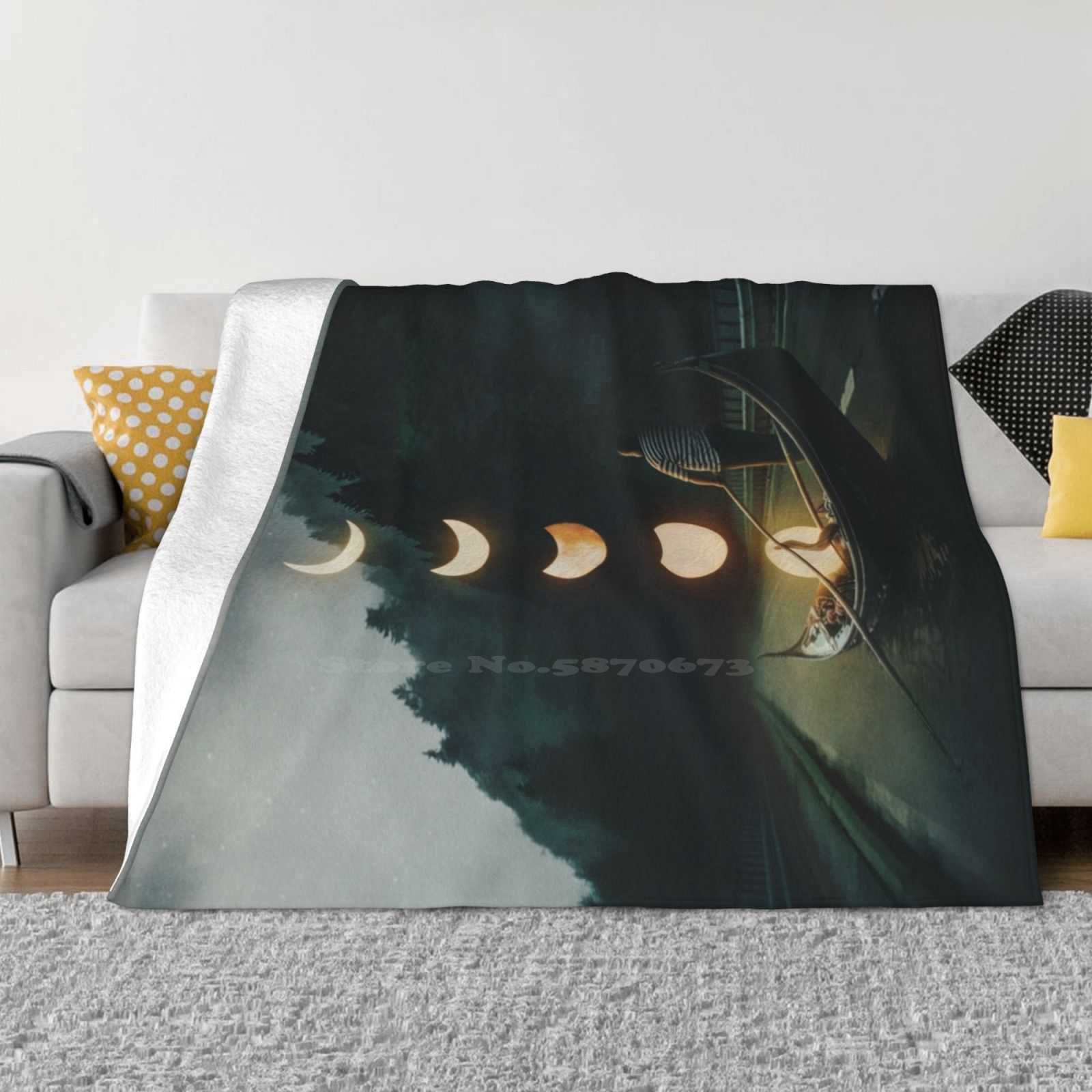 Moon Ride Soft Warm Light Thin Blanket Man Gondola Landscape Forest Stars Moon Light Surreal 30x40in