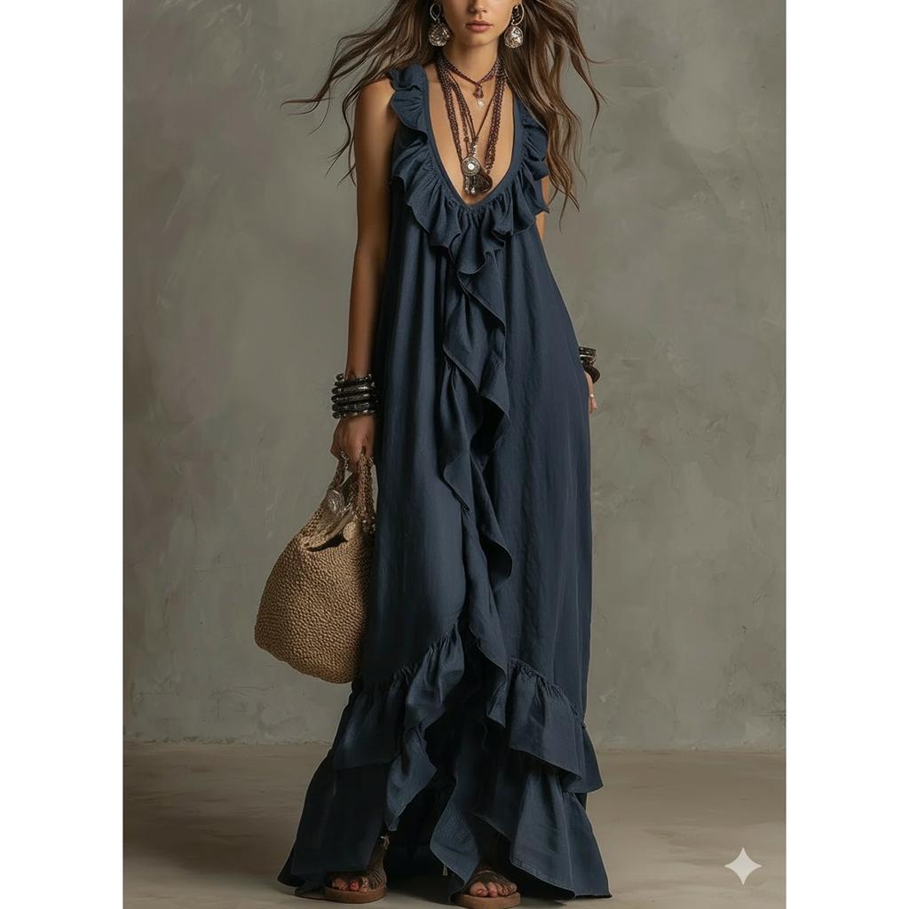 Sexy Deep V Neck Ruffle Loose Long Dresses Woman Spring Casual Solid Party Maxi Dress Summer Sleeveless Vacation Beach Dress