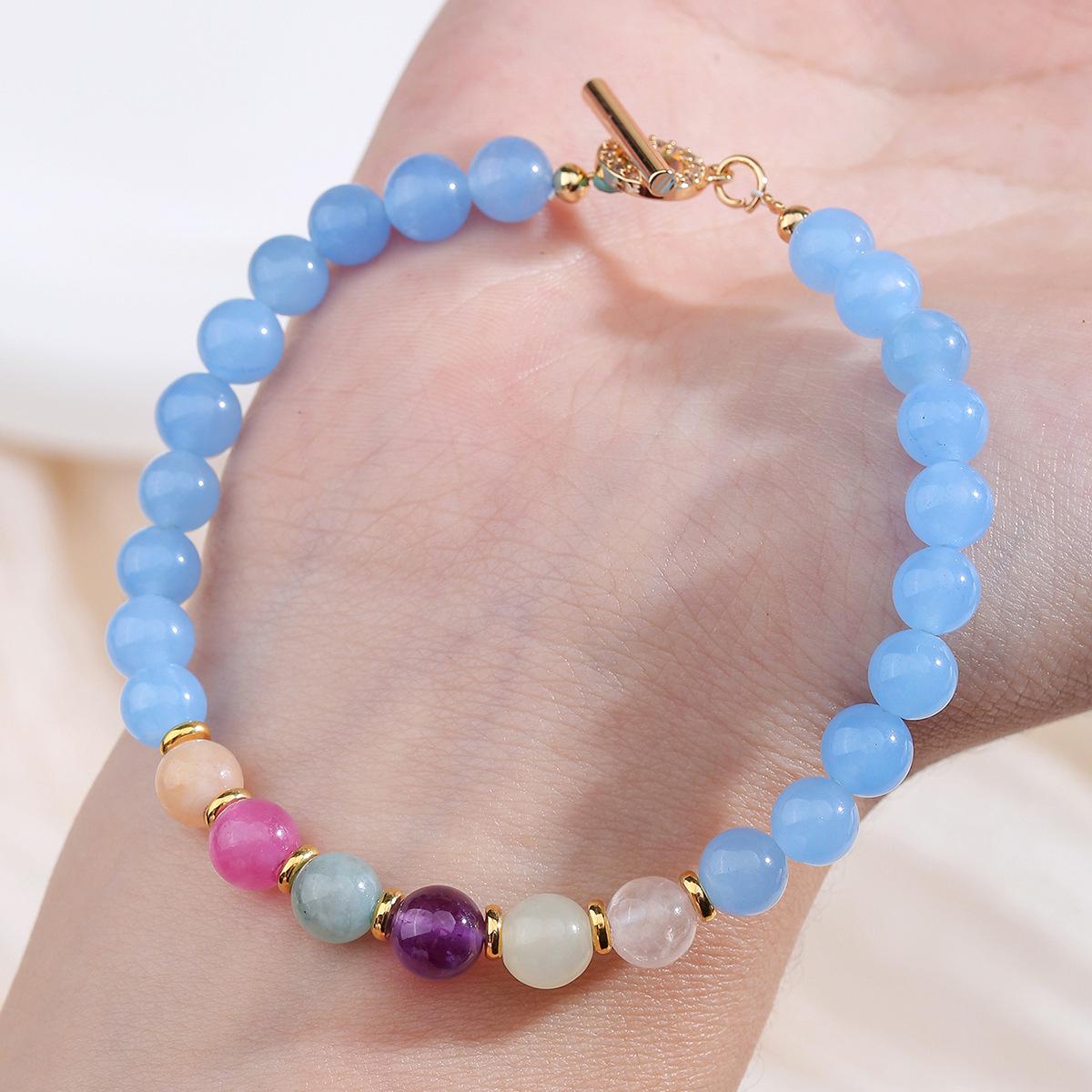Браслет из бусин аквамарина, клубничного кварца и лунного камня - Женские винтажные украшения в стиле Мори
