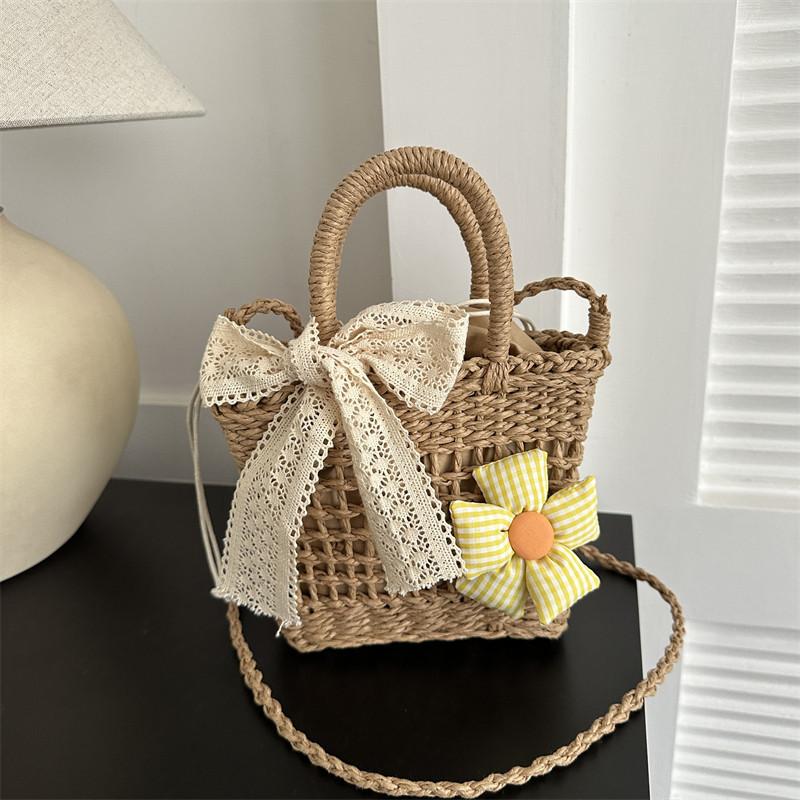 Women Straw Woven Handbag Daisy Flower Lace Bow Summer Beach Bag Small Tote Crossbody Boho Style Shoulder Bag