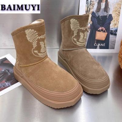 Print Flats Platform Women Ankle Snow Boots Suede Shoes 2025 Trend Winter New Warm Short Plush Chelsea Boots Casual Sport Shoes