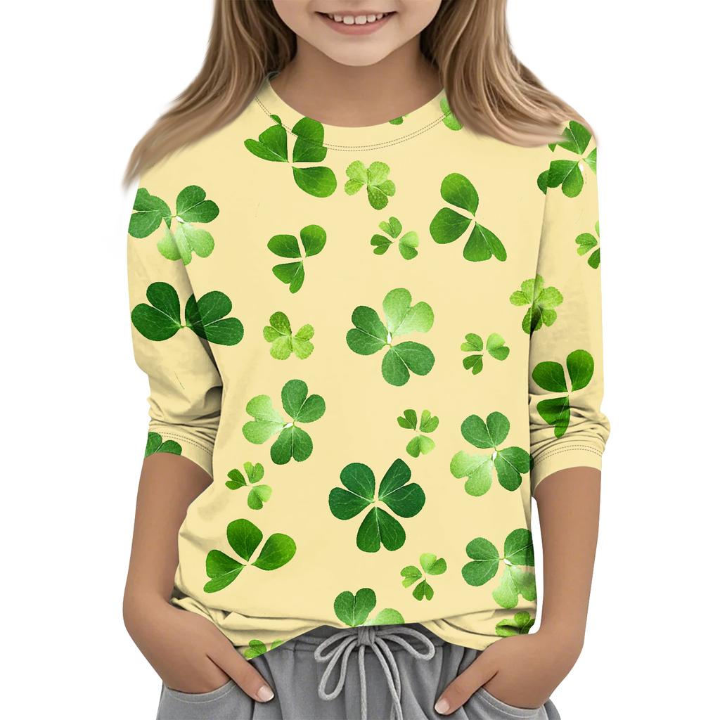 St. Patrick's Day Print Tops For Youth Girls 4-11 Years Round Neck 3/4 Sleeves T-Shirts Trendy Tops Outfit Tees