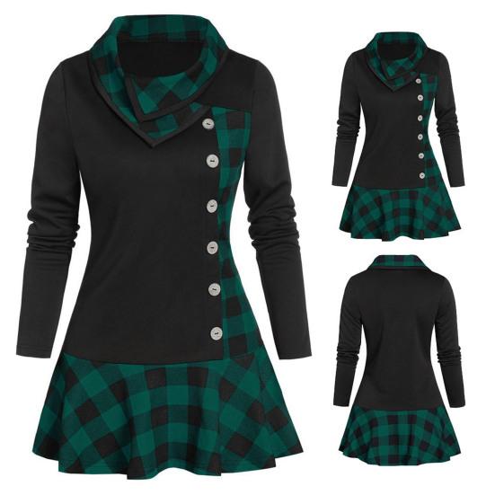 Langärmeliges Partykleid mit Rüschensaum Herbst Winter Überlappendes Revers Karo Patchwork Minikleid Damenbekleidung