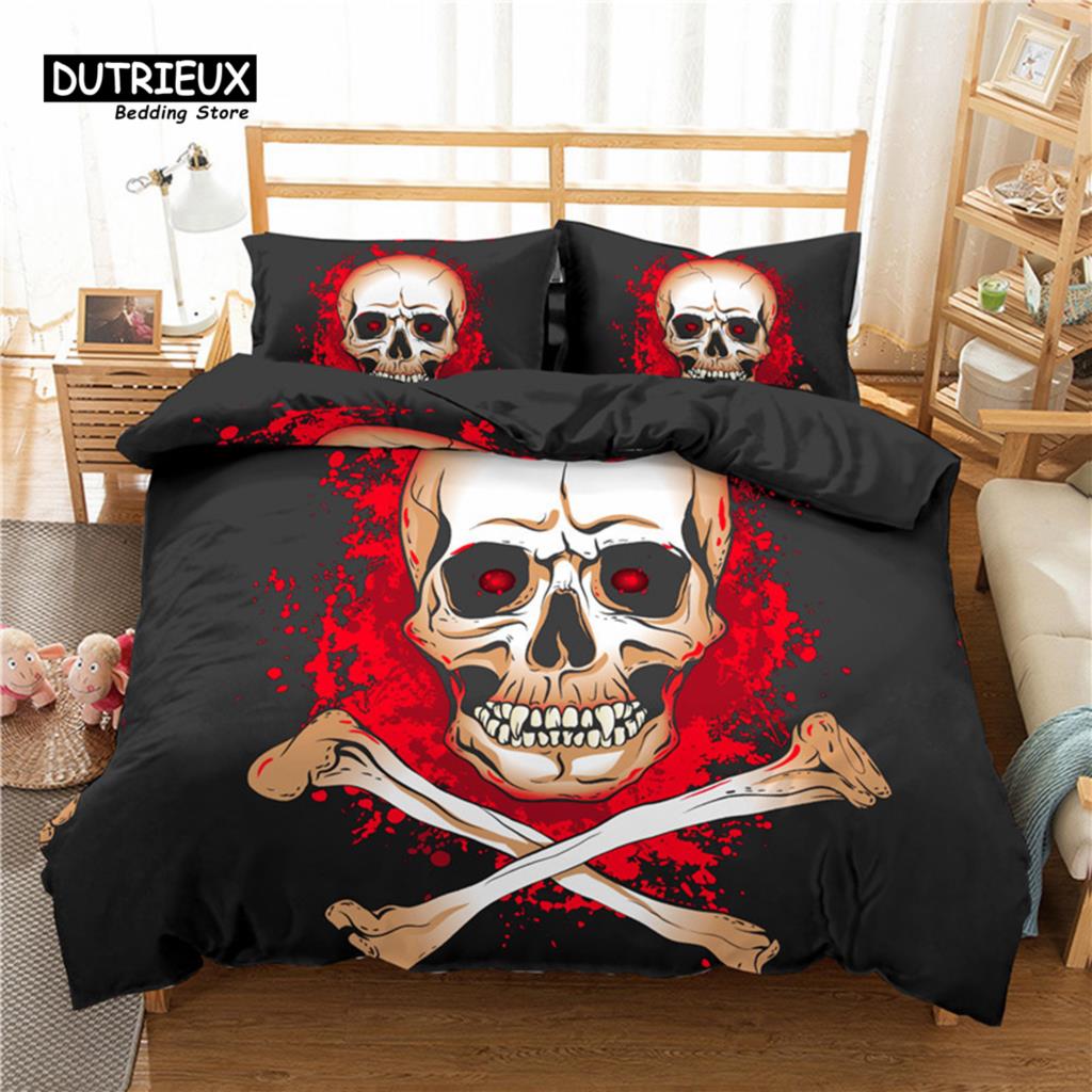 Red Rose Skull Floral Bedding Set Skeleton Flowers Green Leaves Print Duvet Cover Horror Theme Comforter Cover With Pillowcases