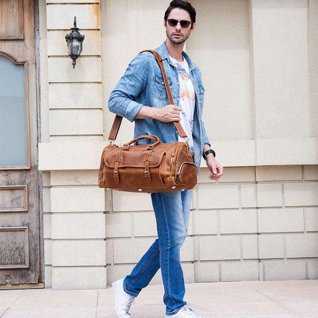 Genuine Leather Boston Bag for Large Shoe Travel Retro Cowhide Golf Sports Bag with School Trip Bag Men, Capacity, Storage, Durable, 2-Way Bag,