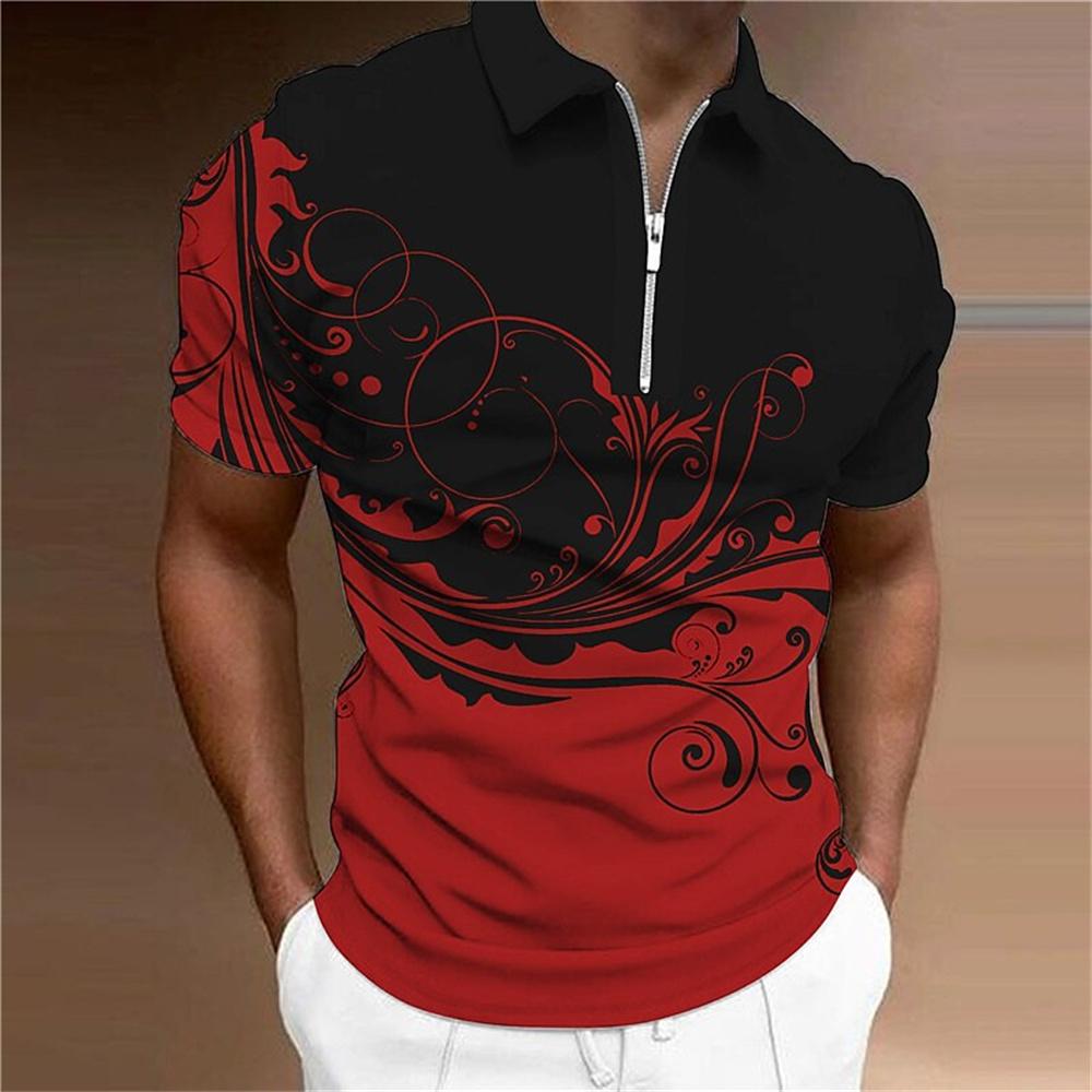 Fashion Zipper Polo Shirt For Men Floral Printed Daily Casual Short Sleeved Loose Oversized Shirt High Quality Men'S Clothing