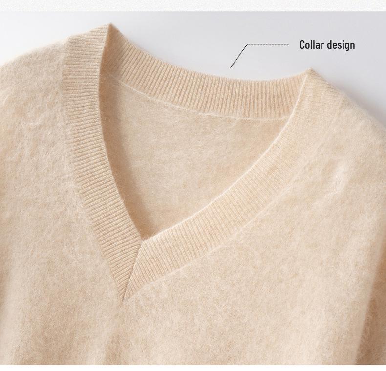Versatile Cashmere Silk V-Neck Brushed Solid Color Loose Knit Pullover Sweater