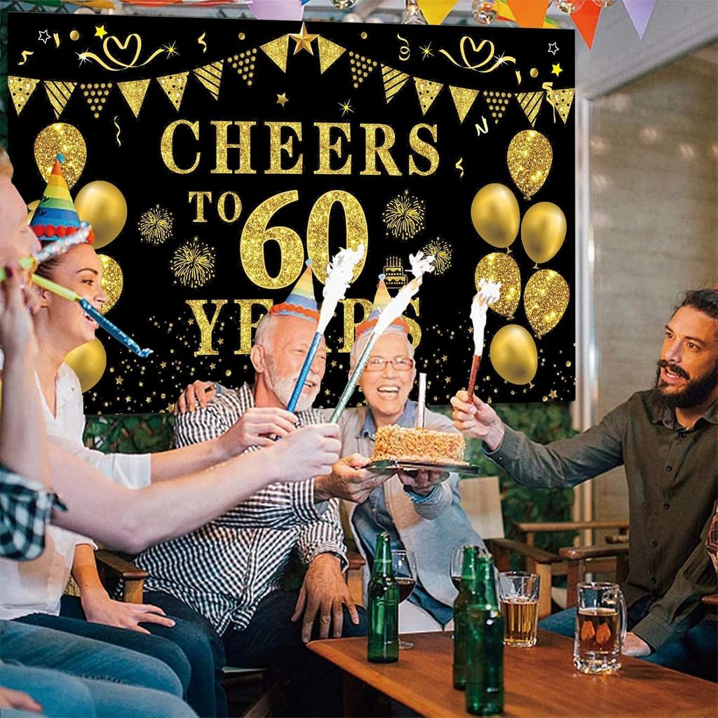 Trgowaul 60th Birthday/Anniversary/Wedding Decorations for Women Men, Cheers to 60 Years Banner, Black and Gold 60th Birthday Backdrop, 60 Bday