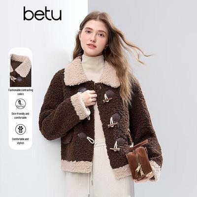 BETU Women's Faux Shearling Color Block Short Winter Jacket