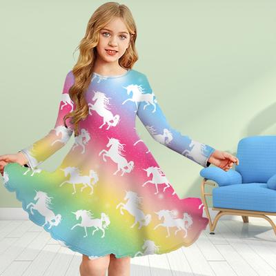 Girl Casual 3D Print Full Screen Unicorn Round Neck Long Sleeve Dress Kid Princess Dress